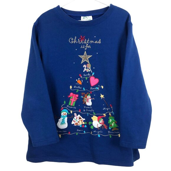 The Quacker Factory Tops - Quacker Factory Womens "Christmas Is For" Sweatshirt Sz 1X Blue Embroidered Tree